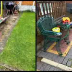 Pressure washing garden patio in Stoke-on-Trent – before and after cleaning.