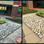 Pressure washing pebble garden in London – before and after cleaning.