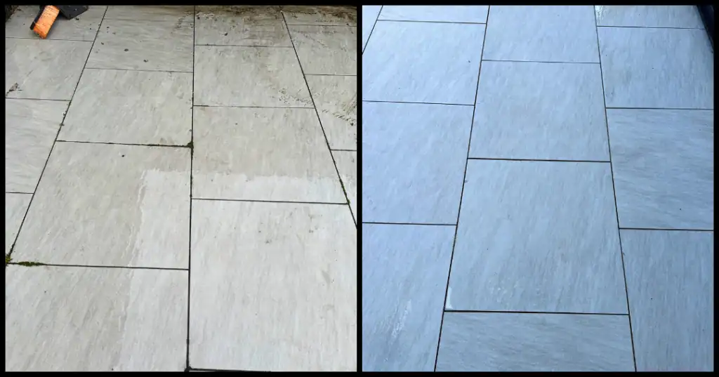 Jet washing driveway with visible re-sanding