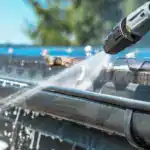 Close-up of pressure washing gutters for exterior cleaning.