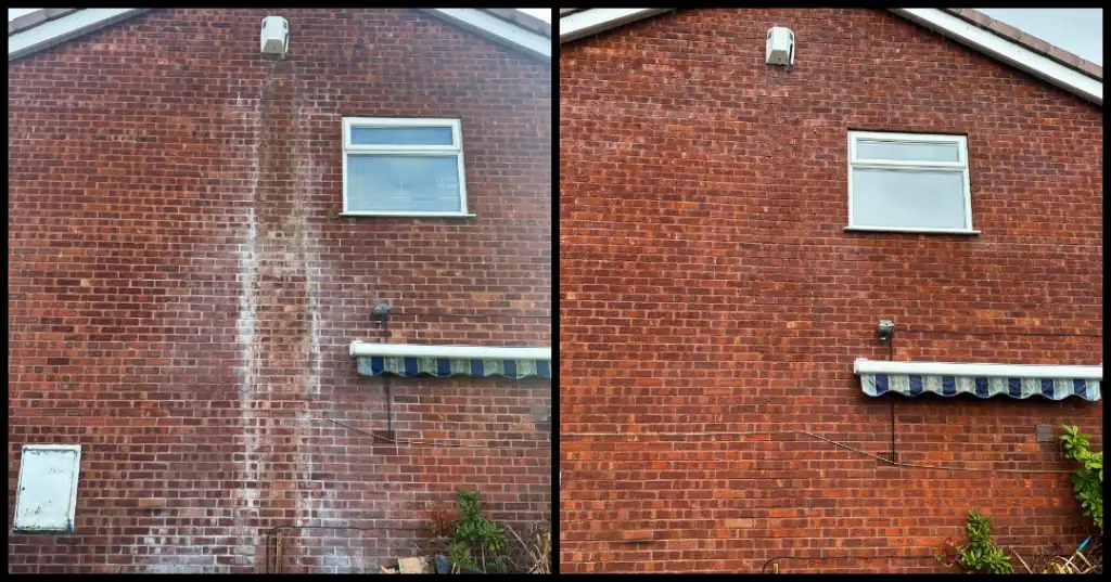 External brick cleaning before and after pressure washing.
