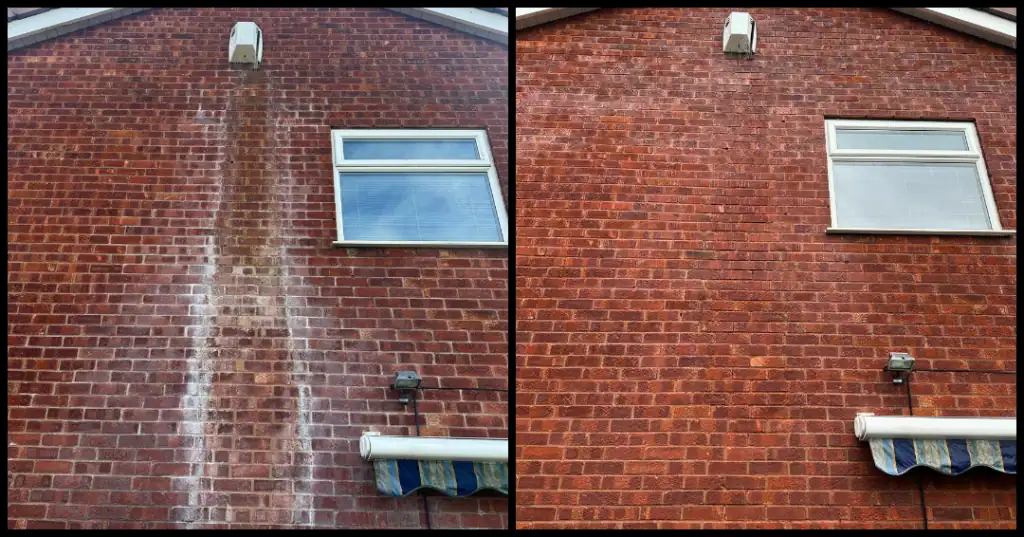 High-pressure cleaning restores brick facade's appearance.