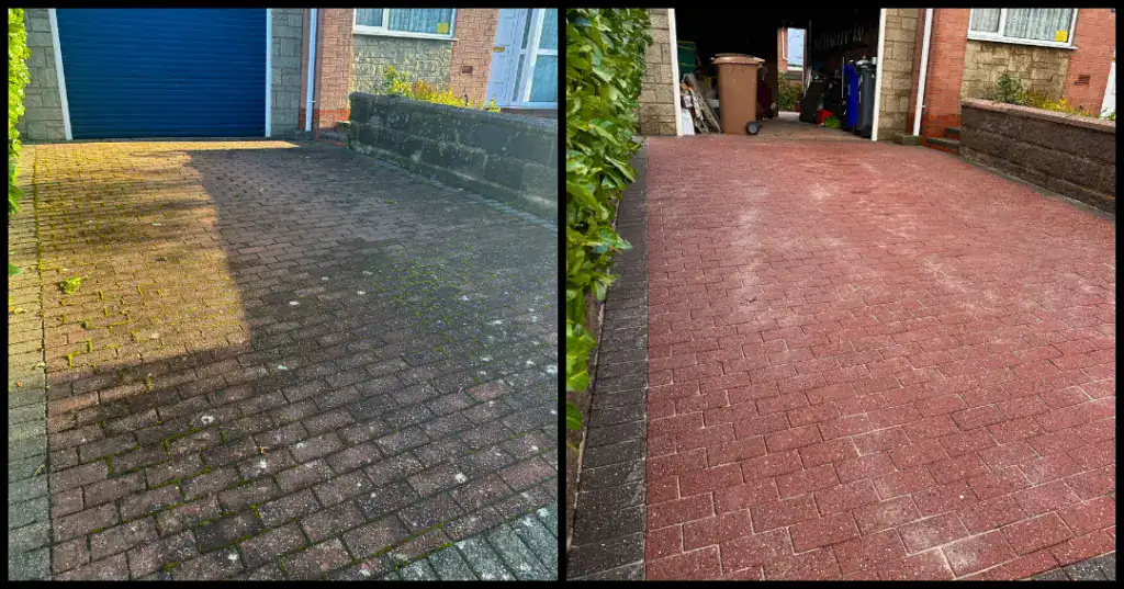 Bright red pavers on driveway transformed by professional cleaning and sealing.