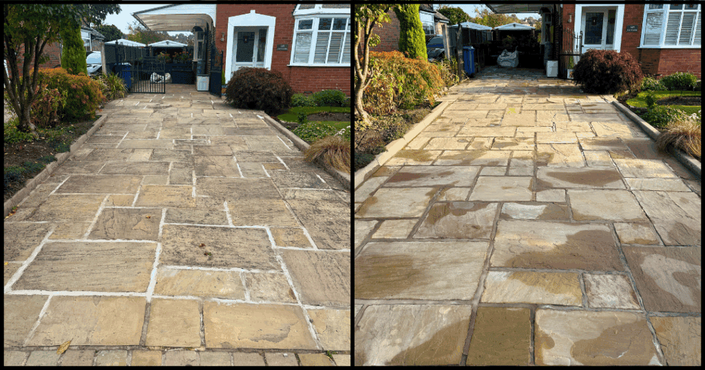 ALT: Before and after pressure washing driveway showing clean, restored stone surface.