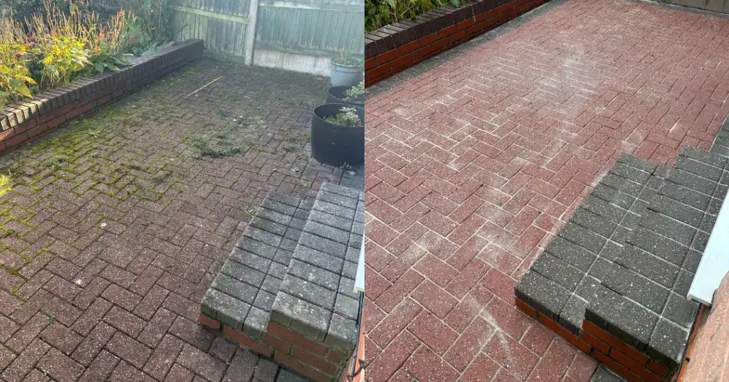 Brightened and revitalised brick patio after power washing and sealing.