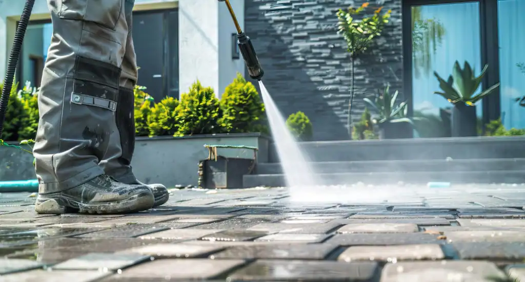 High-resolution image showing pressure washing service transforming an outdoor paved area.