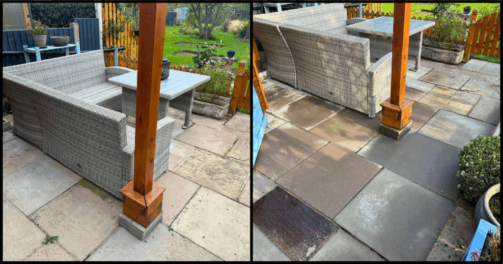 Brightened outdoor paving with professional pressure washing.