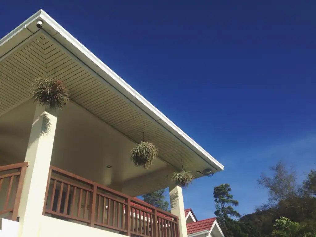 Bright exterior house with painted eaves and hanging plants - professional exterior painting service.