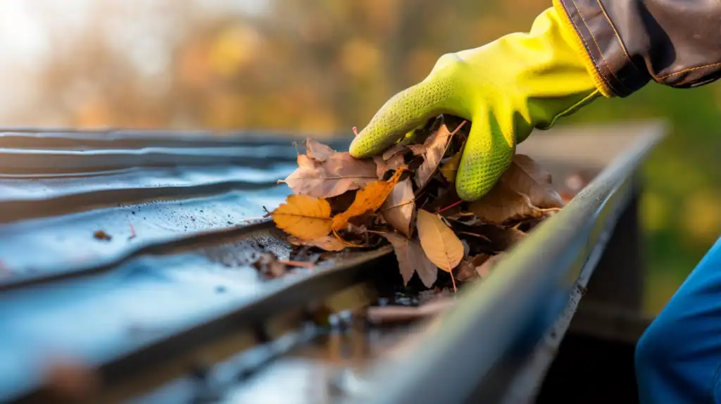 Gutter cleaning in Stoke-on-Trent – clearing leaves from flat roof gutters.