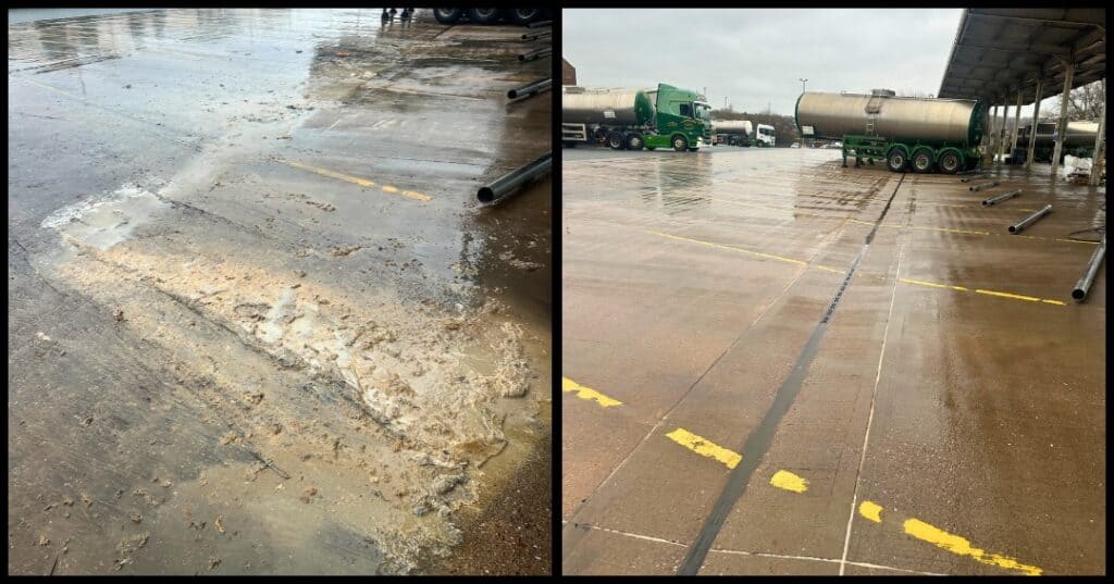 Pressure washing concrete in industrial area, Stoke-on-Trent – restored clean surface.