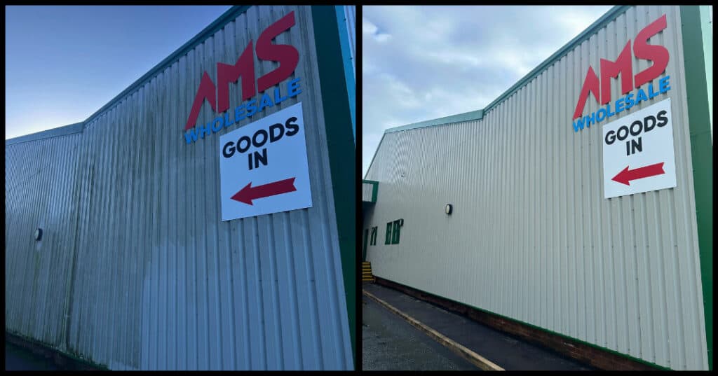Pressure washing warehouse exterior in Stoke-on-Trent – restored clean finish.