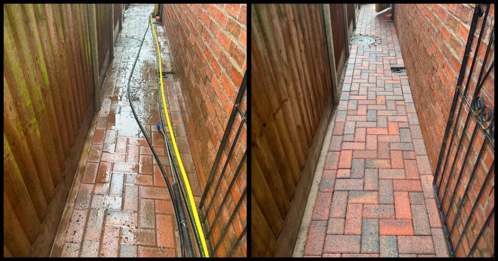 Pressure washing brick pathway in Stoke-on-Trent – clean and revitalised surface.