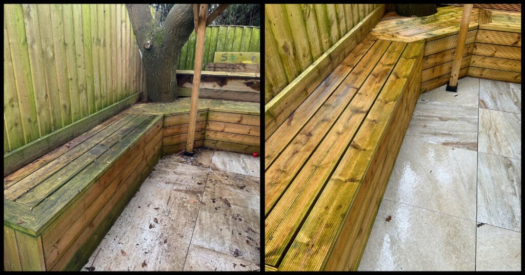 Wooden decking pressure washed in Stoke-on-Trent – restored and clean finish.