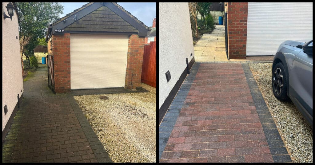 Pressure washing driveway in Stoke-on-Trent – restored clean finish.