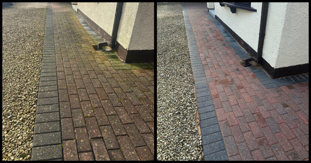 Pressure washing driveway in Stoke-on-Trent – before and after comparison.