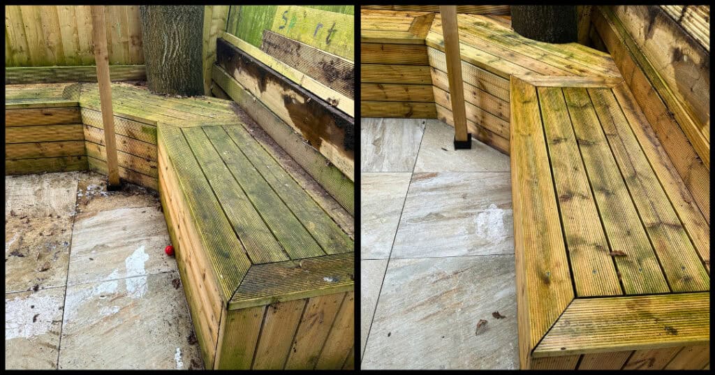 Pressure washing wooden decking in Stoke-on-Trent – before and after cleaning.