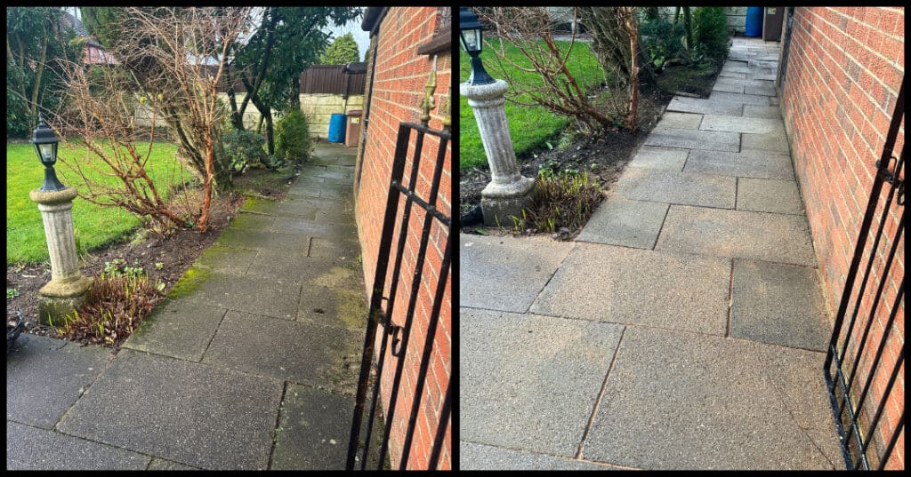 Pressure washing patio in Stoke-on-Trent – before and after cleaning.