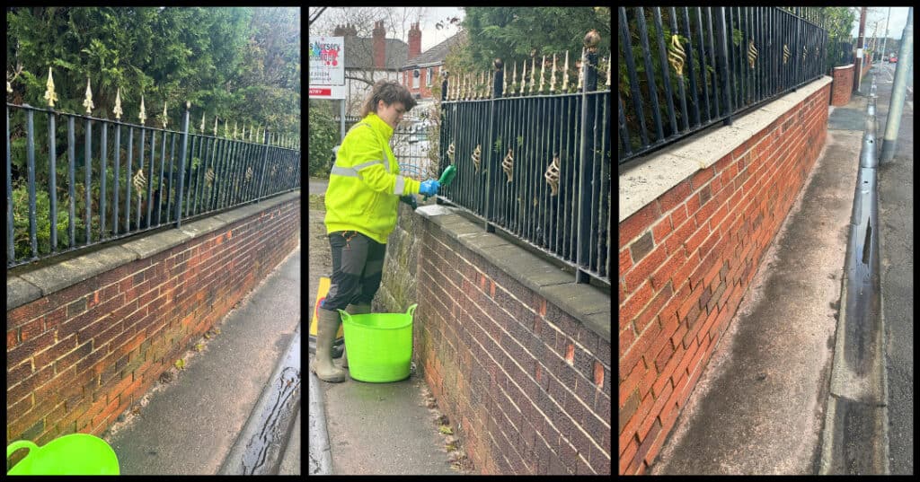 Pressure washing brick wall in Stoke-on-Trent – restoring cleanliness and appearance.