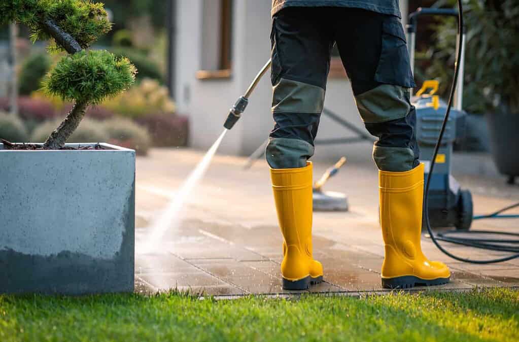 Person pressure washing outdoor patio wearing yellow boots, cleaning concrete surface.